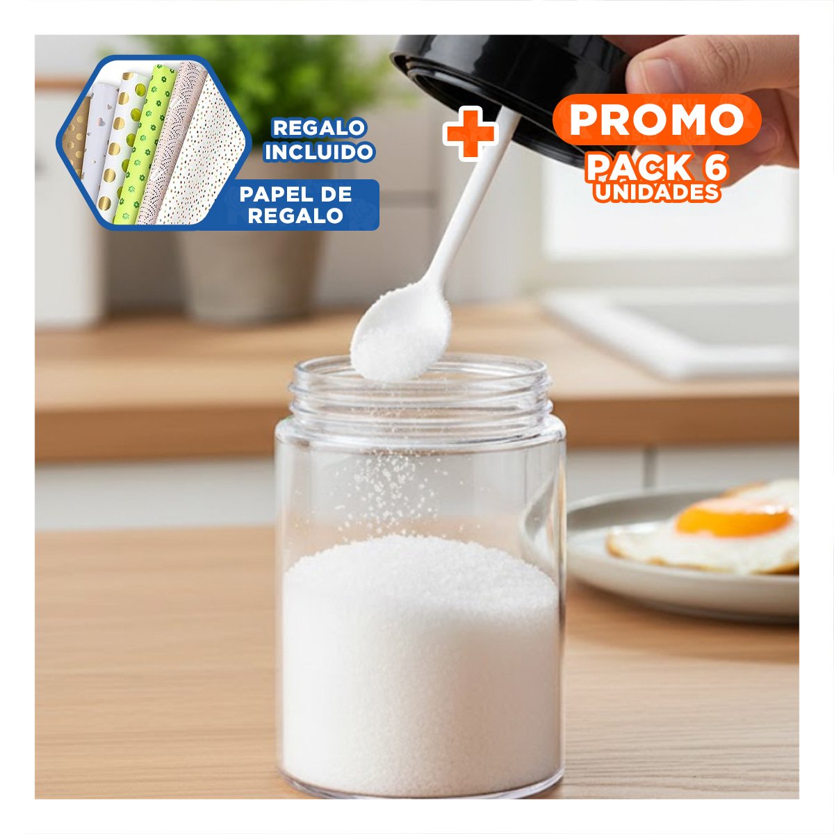 PACK6 DISPENSADOR COCINA TRANSPARENTE Y NEGRO CON CUCHARITA Y+PAPEL REGALO - 1
