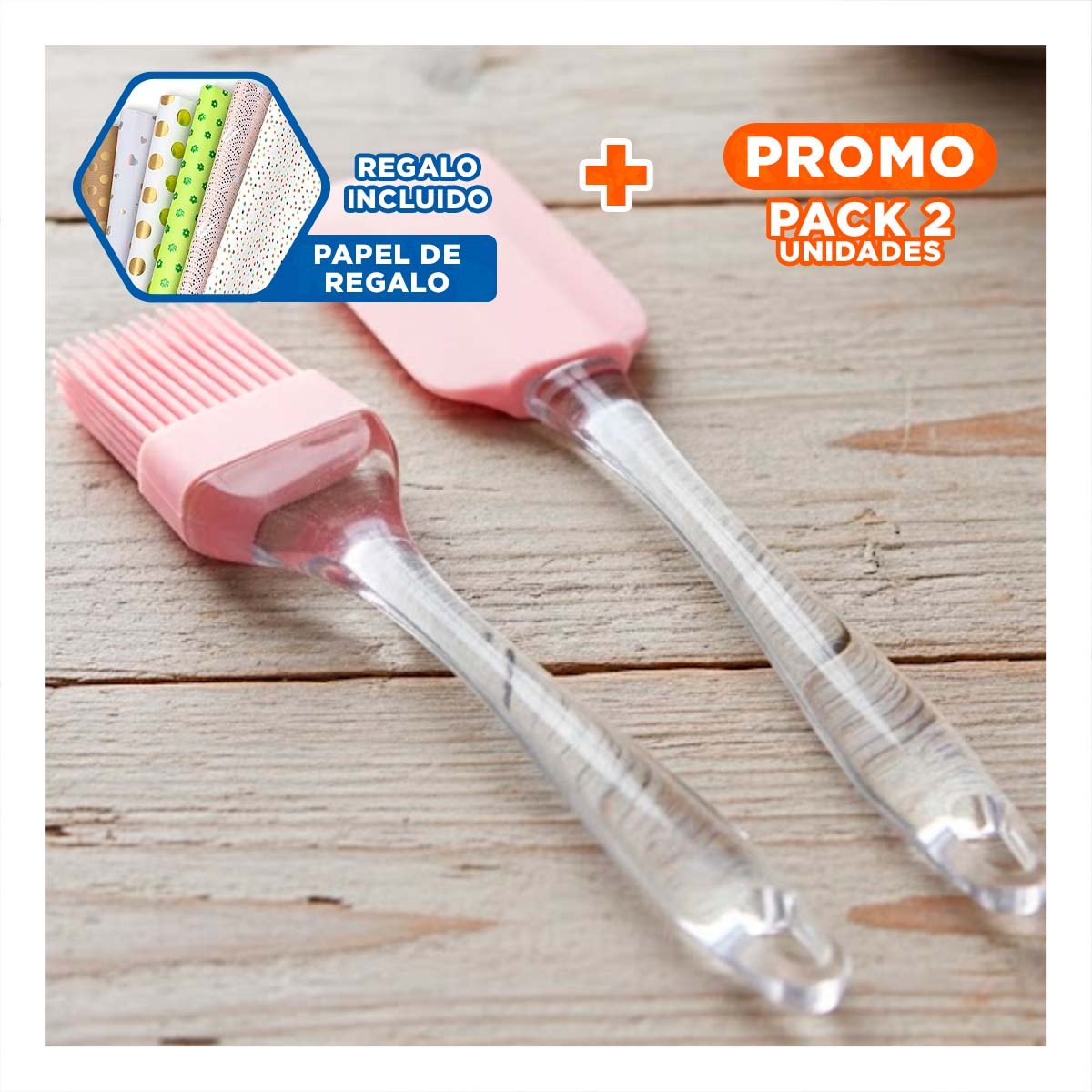 PACK2 ACCESORIO ESPATULA Y BROCHA DE SILICONA ROSADO PARA COCINA MODERNA Y+PAPEL REGALO - 1