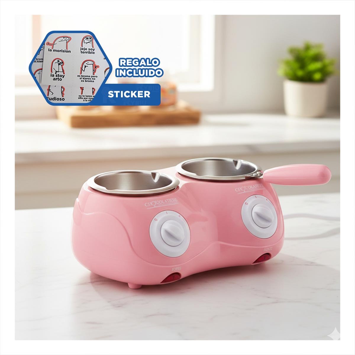 RECIPIENTE ROSADO DOBLE PARA PREPARAR CHOCOLATE CON ACCESORIOS Y+REGALO STICKER - 1