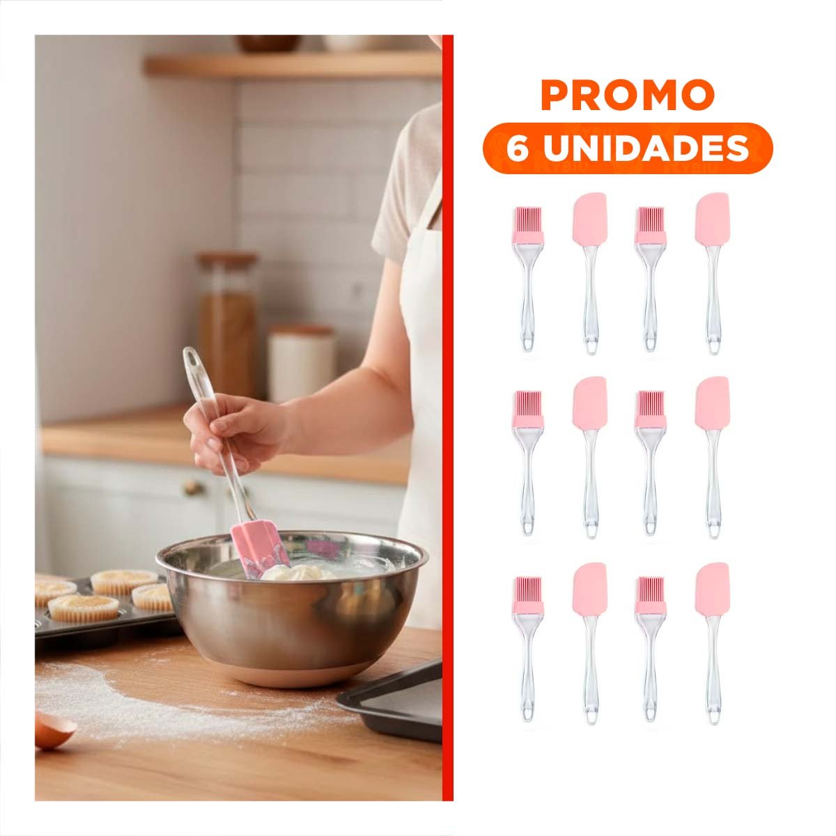 PACK6 SET COCINA ESPATULA Y BROCHA DE SILICONA ROSADO PARA REPOSTERIA - 1