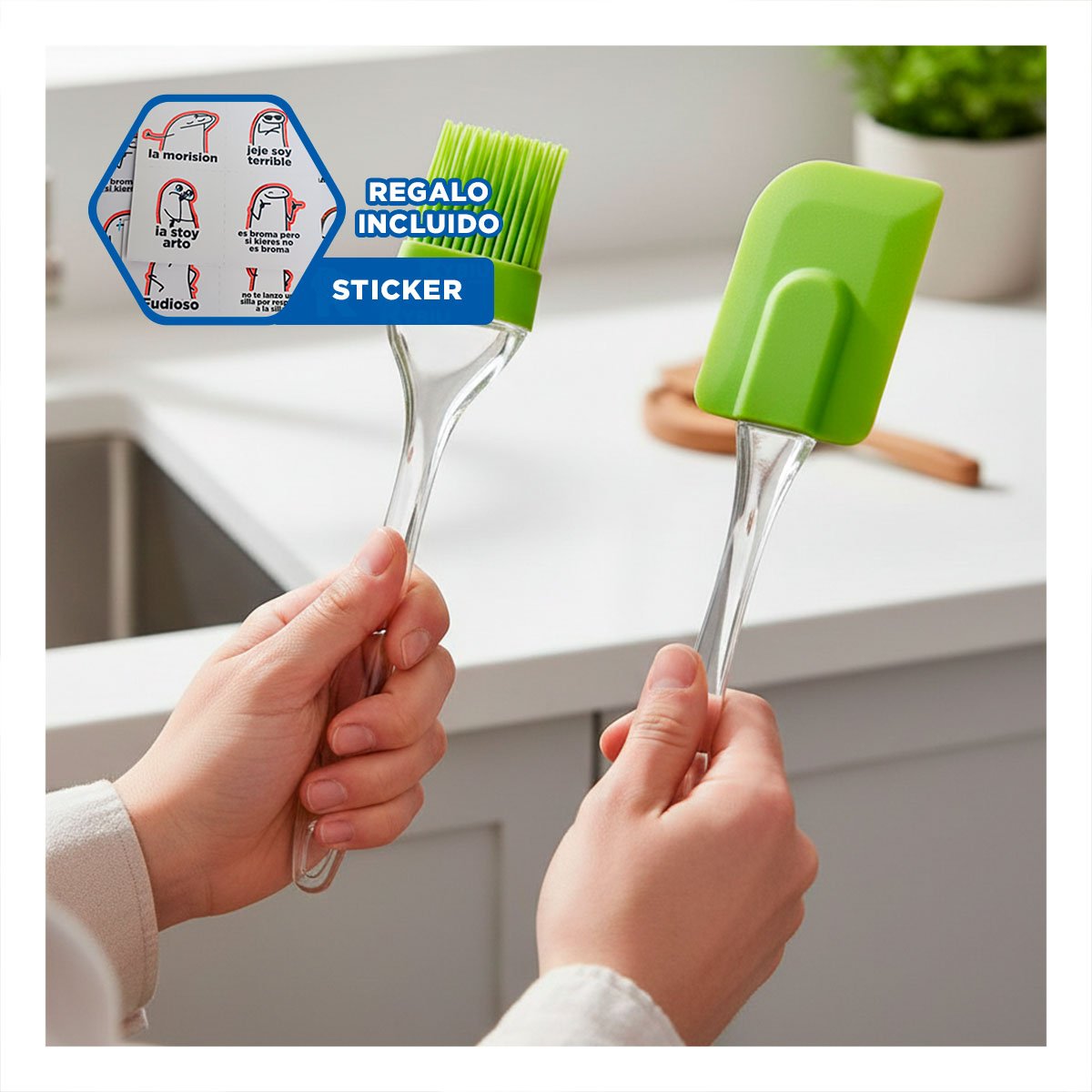 IMPLEMENTO COCINA ESPATULA Y BROCHA DE SILICONA VERDE LIMON Y+REGALO STICKER - 1