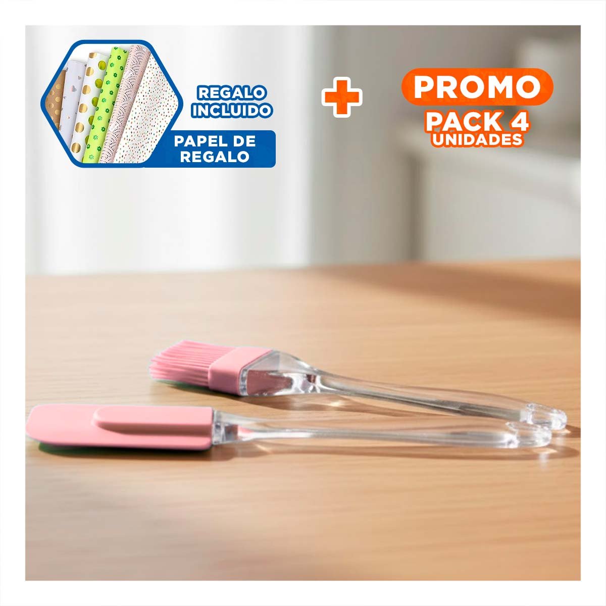 PACK4 HERRAMIENTA ESPATULA Y BROCHA DE SILICONA ROSADO PARA PREPARAR MASAS Y+PAPEL REGALO - 1