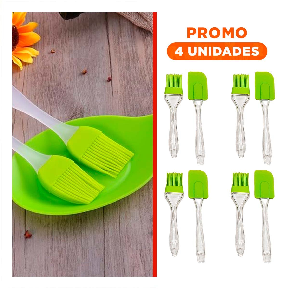 PACK4 LINEA COCINA ESPATULA Y BROCHA DE SILICONA VERDE LIMON Y+REGALO STICKER - 1