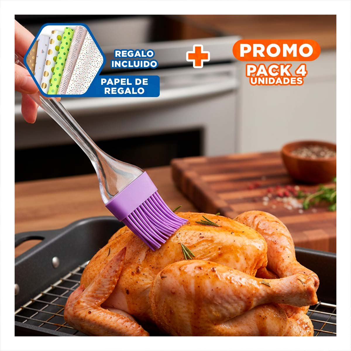 PACK4 JUEGO COCINA ESPATULA Y BROCHA DE SILICONA LILA REPOSTERIA Y+PAPEL REGALO - 1