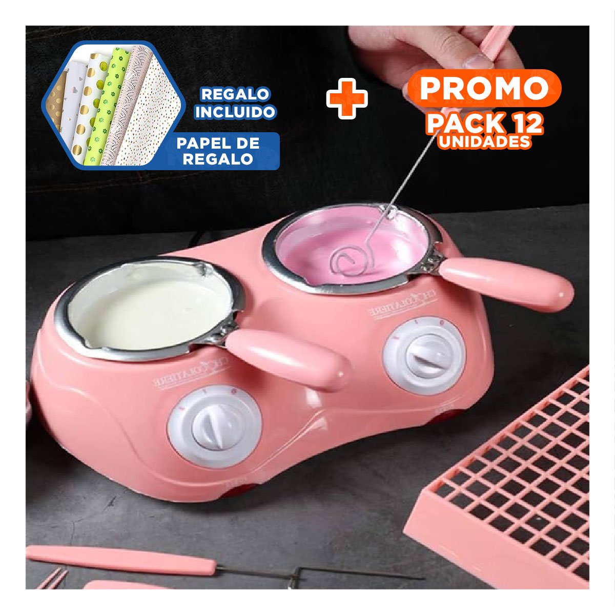 PACK6 RECIPIENTE PARA CHOCOLATE EN HOGAR DOBLE ROSADO CON ACCESORIOS Y+PAPEL REGALO - 1