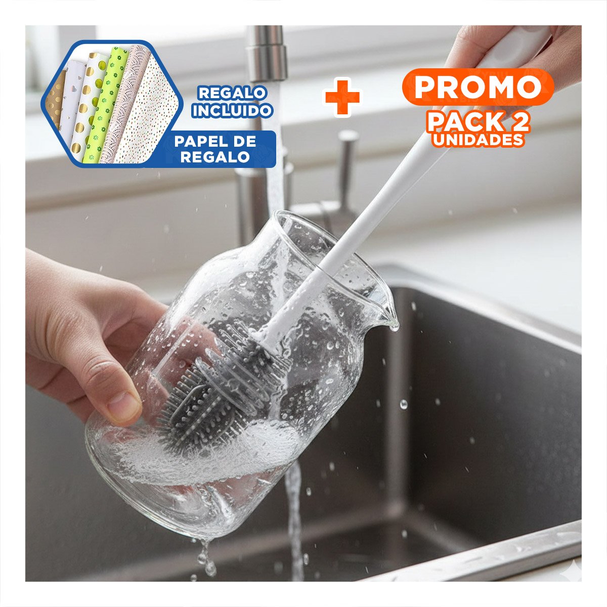 PACK2 ESCOBILLA MULTIUSO DE SILICONA BLANCO PARA BOTELLAS EN HOGAR Y+PAPEL REGALO - 1