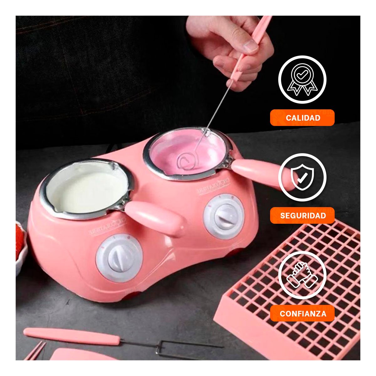 CACEROLA ROSADA DOBLE PARA CHOCOLATE CON ACCESORIOS COMPLETOS Y+PAPEL REGALO - 3