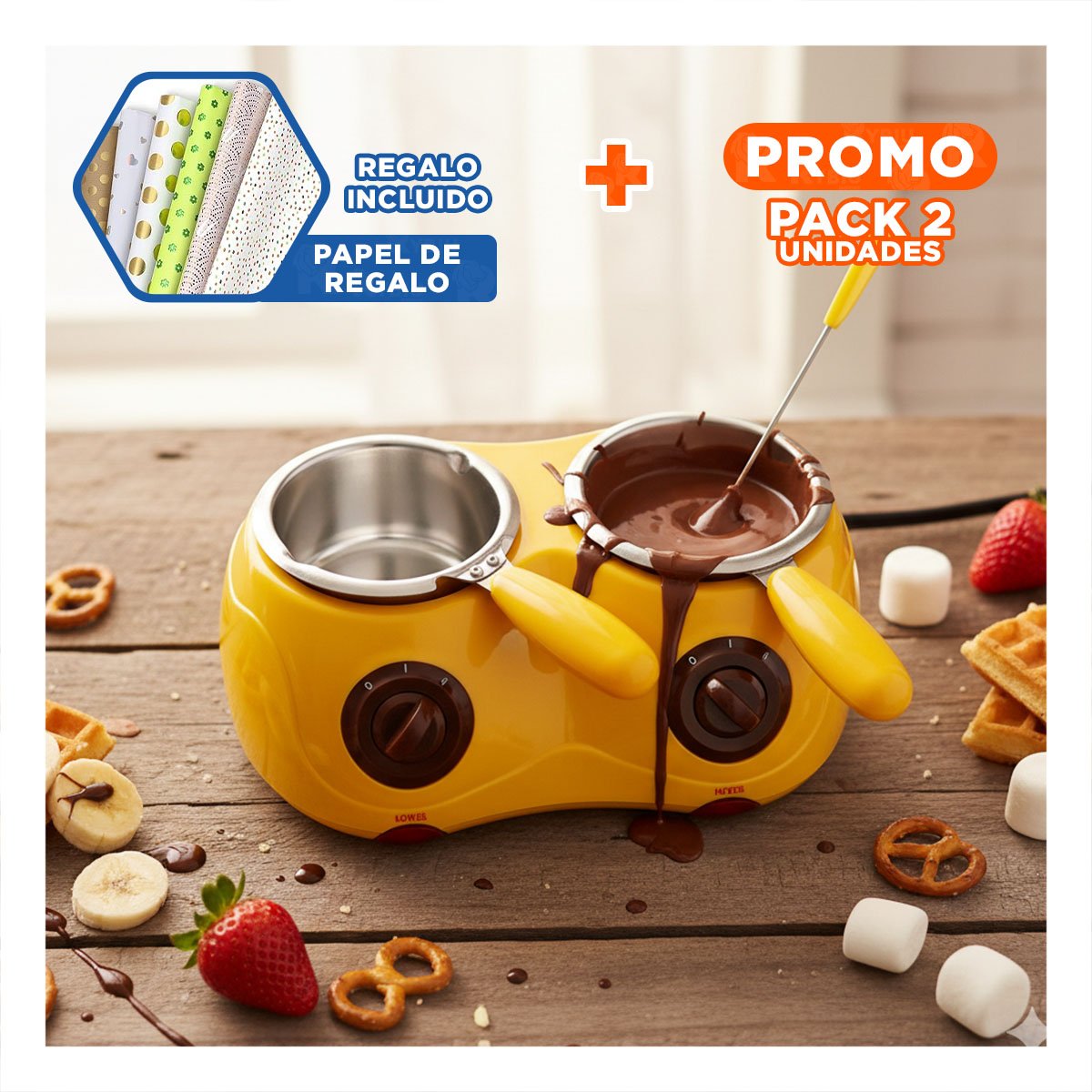 PACK2 RECIPIENTE DOBLE PARA BEBIDAS CALIENTES CON ACCESORIOS AMARILLO Y+PAPEL REGALO - 1