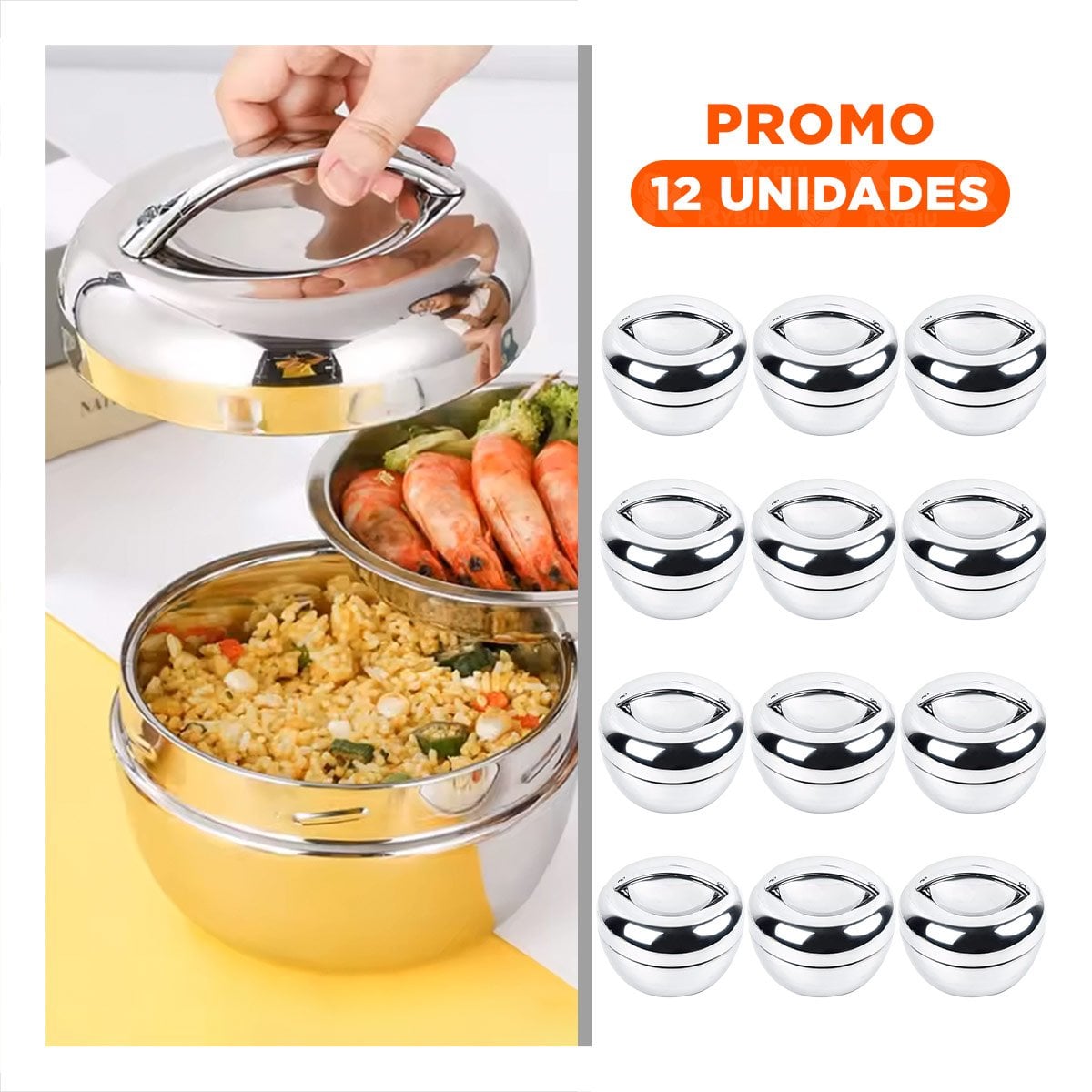 PACK12 DEPOSITO DE COMIDA TERMICO CIRCULAR 1300ML ACERO PLATEADO HOGAR Y+REGALO STICKER - 1