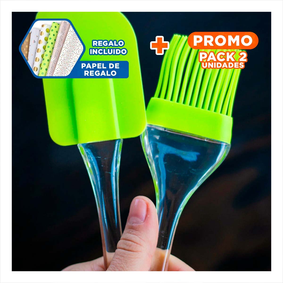 PACK2 JUEGO COCINA ESPATULA Y BROCHA DE SILICONA VERDE LIMON Y+PAPEL REGALO - 1