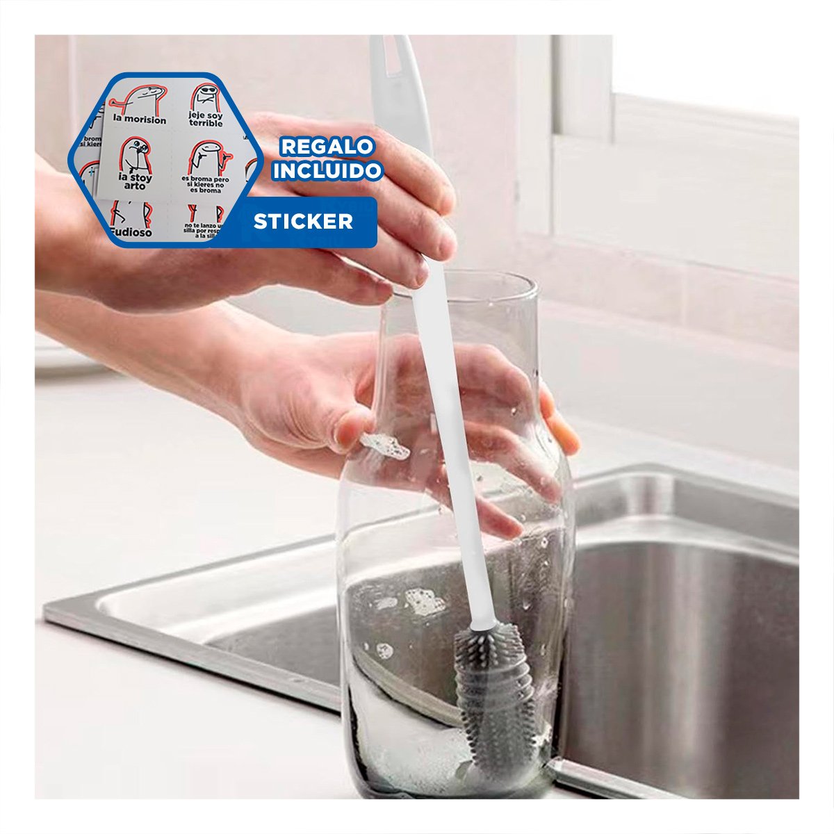 LIMPIADOR BLANCO DE SILICONA PARA BOTELLAS EN COCINA HOGAR Y+REGALO STICKER - 1