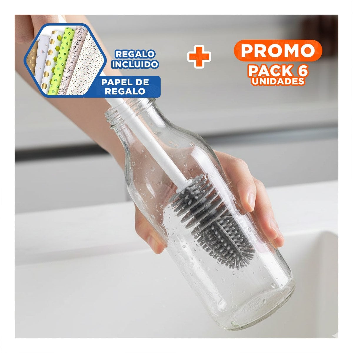 PACK6 ESCOBILLA PRACTICA DE SILICONA BLANCO PARA BOTELLAS EN COCINA Y+PAPEL REGALO - 1