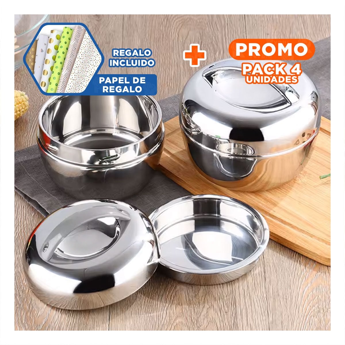 PACK4 VIANDA TERMICA CIRCULAR 1300ML DE ACERO PLATEADO PARA HOGAR Y+PAPEL REGALO - 1