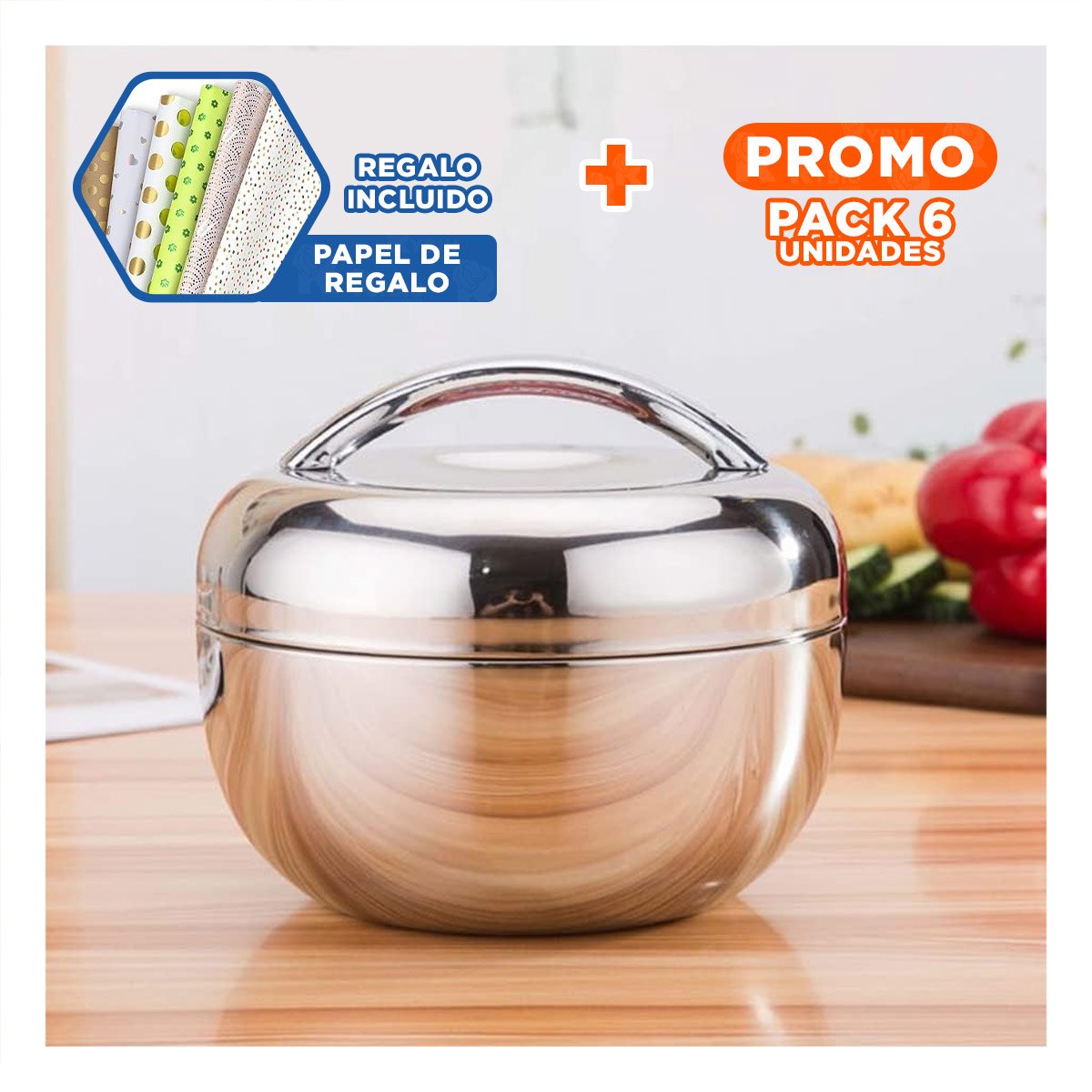 PACK6 VIANDA TERMICA CIRCULAR 1300ML DE ACERO PLATEADO MODERNO PARA HOGAR Y+PAPEL REGALO - 1