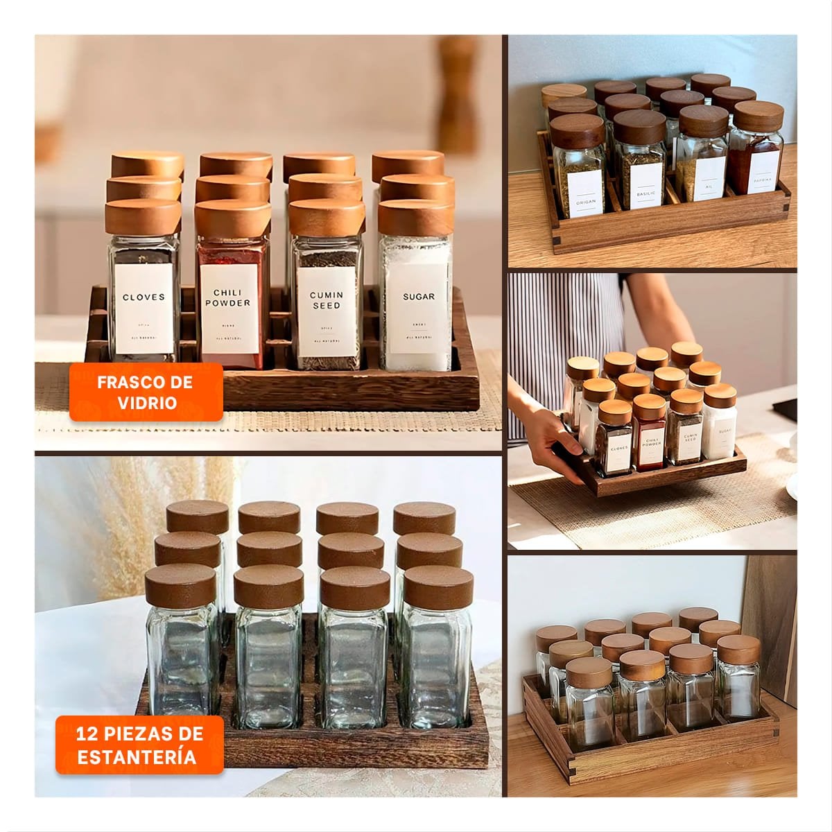 PACK4 PORTA ESPECIAS COMPACTO CON 12 FRASCOS PARA HOGAR Y+REGALO STICKER - 2