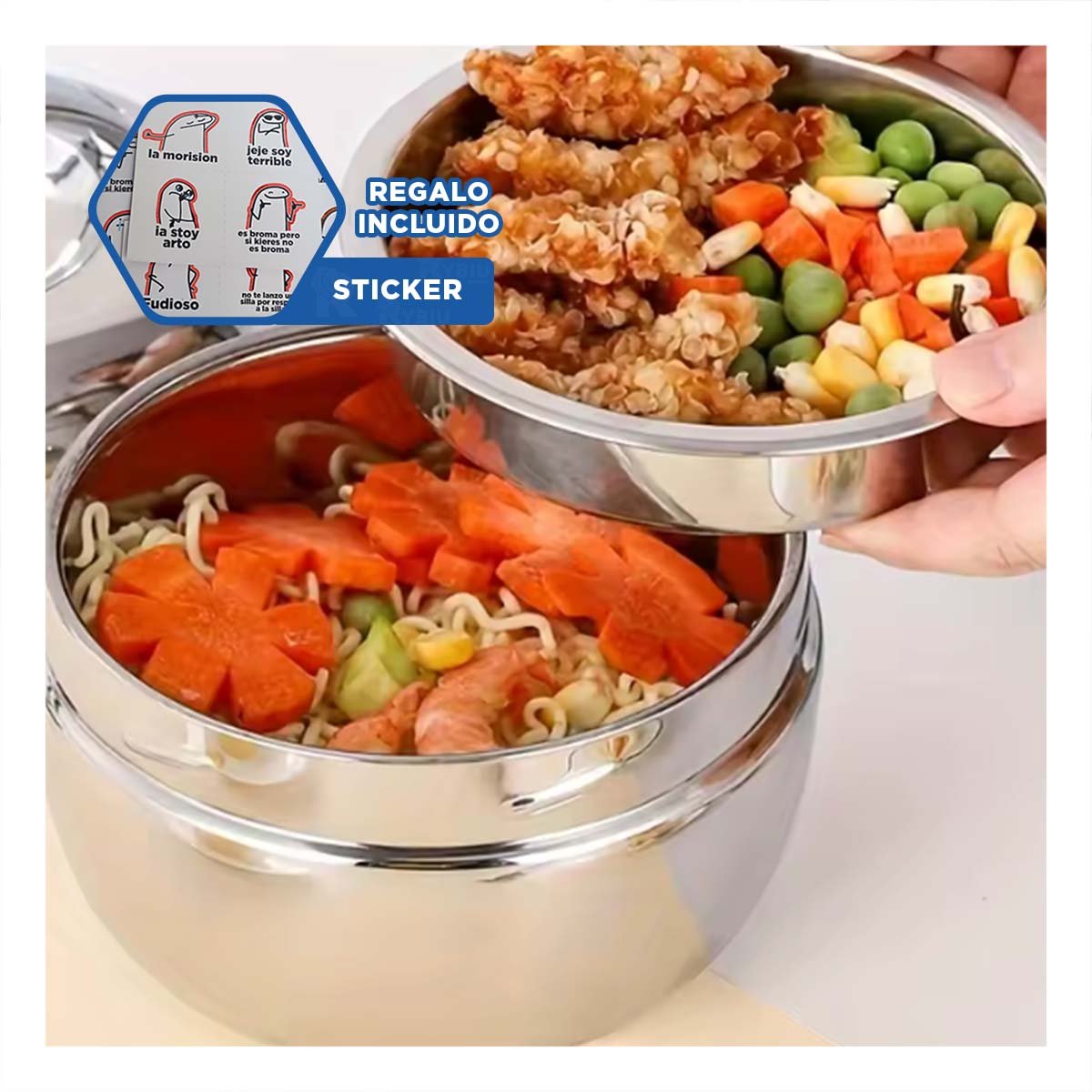CONSERVADOR TERMICO CIRCULAR 1300ML DE ACERO PLATEADO RESISTENTE PARA COCINA Y+REGALO STICKER - 1