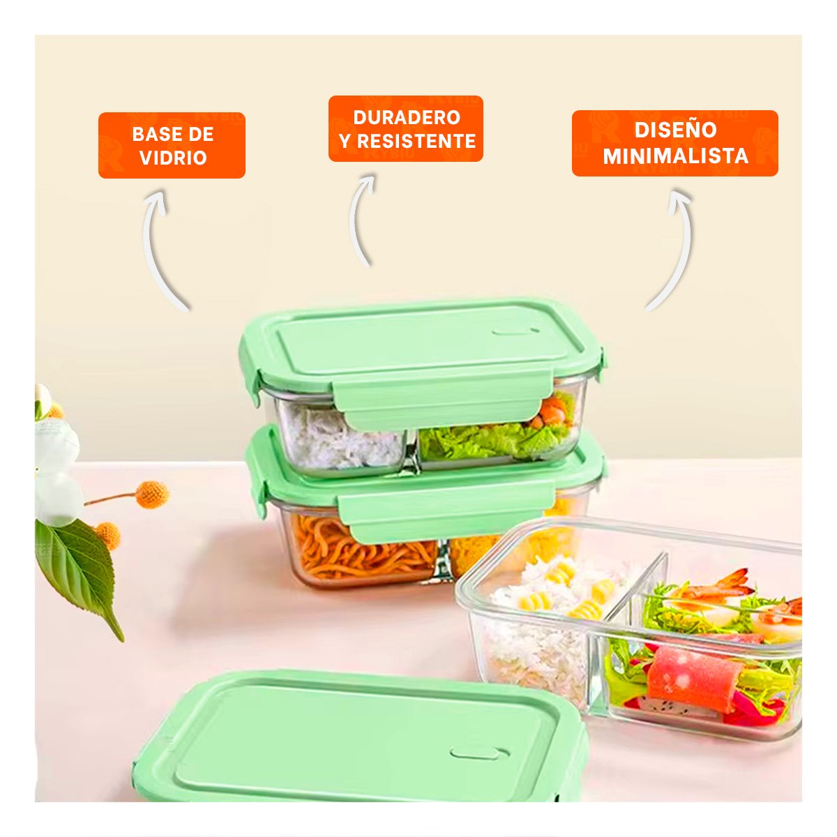 PACK4 SET DE ENVASES DE VIDRIO RECTANGULAR CON TAPA VERDE PARA COCINA - 3