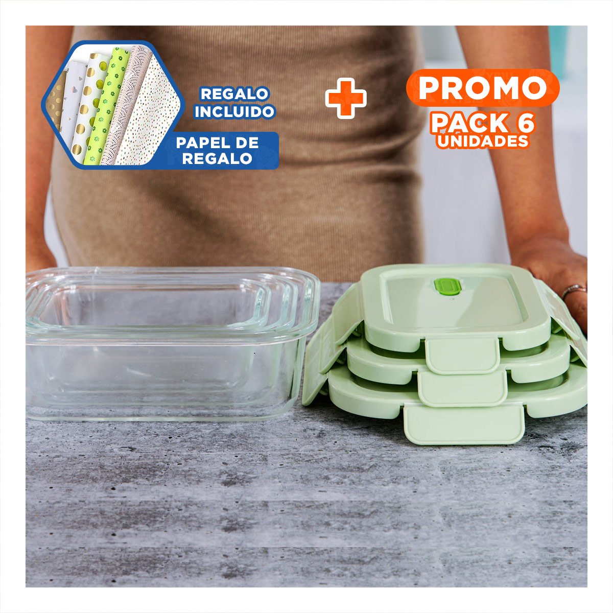 PACK6 LOTE DE ENVASES DE VIDRIO RECTANGULAR CON TAPA VERDE COCINA Y+PAPEL REGALO - 1