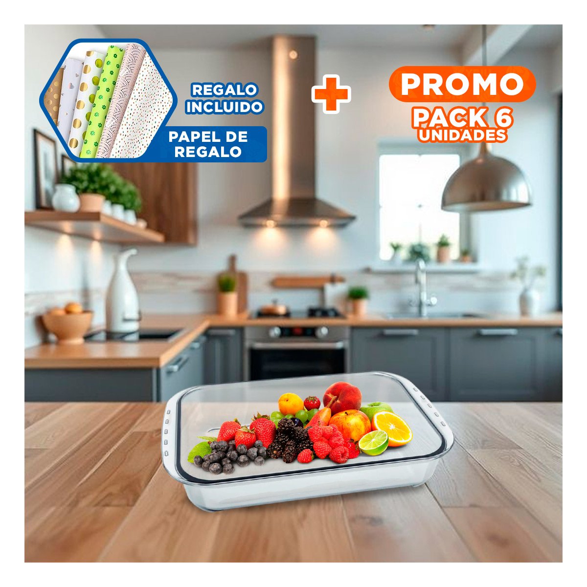 PACK6 MOLDE AMPLIO DE VIDRIO 40X24X72 CM TRANSPARENTE PARA PREPARAR RECETAS Y+PAPEL REGALO - 1