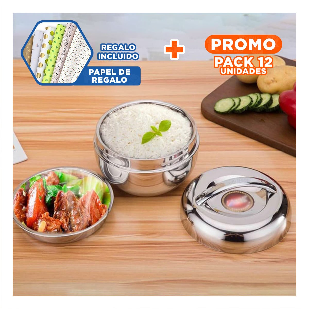 PACK12 ENVASE DE COMIDA TERMICO CIRCULAR 1300ML ACERO PLATEADO COCINA Y+PAPEL REGALO - 1