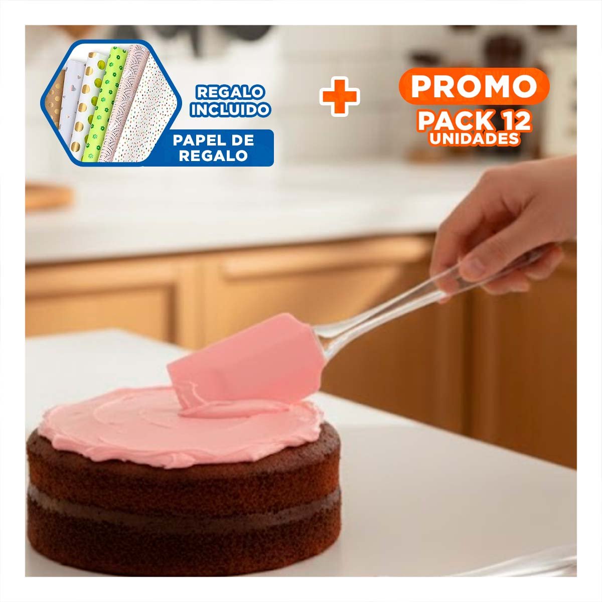 PACK12 COMBO COCINA ESPATULA Y BROCHA DE SILICONA ROSADO PARA REPOSTERIA Y+PAPEL REGALO - 1