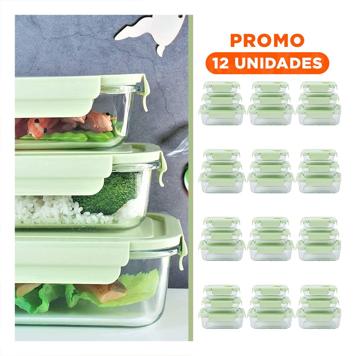 PACK12 COMBO DE CONTENEDORES DE VIDRIO RECTANGULAR CON TAPA VERDE HOGAR Y+REGALO STICKER - 1
