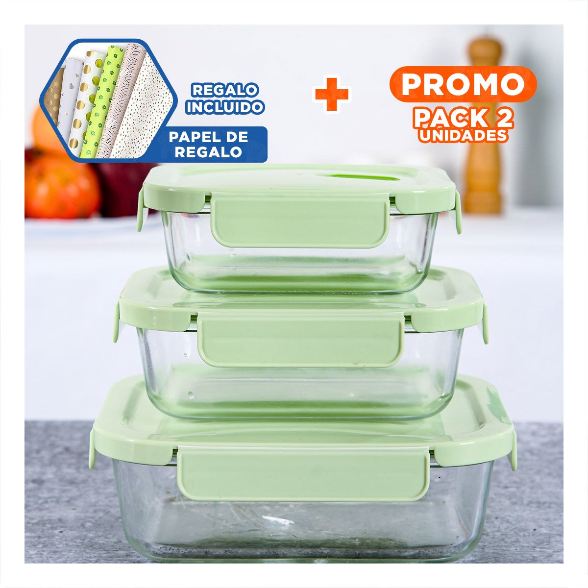 PACK2 COMBO DE RECIPIENTES DE VIDRIO RECTANGULAR CON TAPA VERDE COCINA Y+PAPEL REGALO - 1