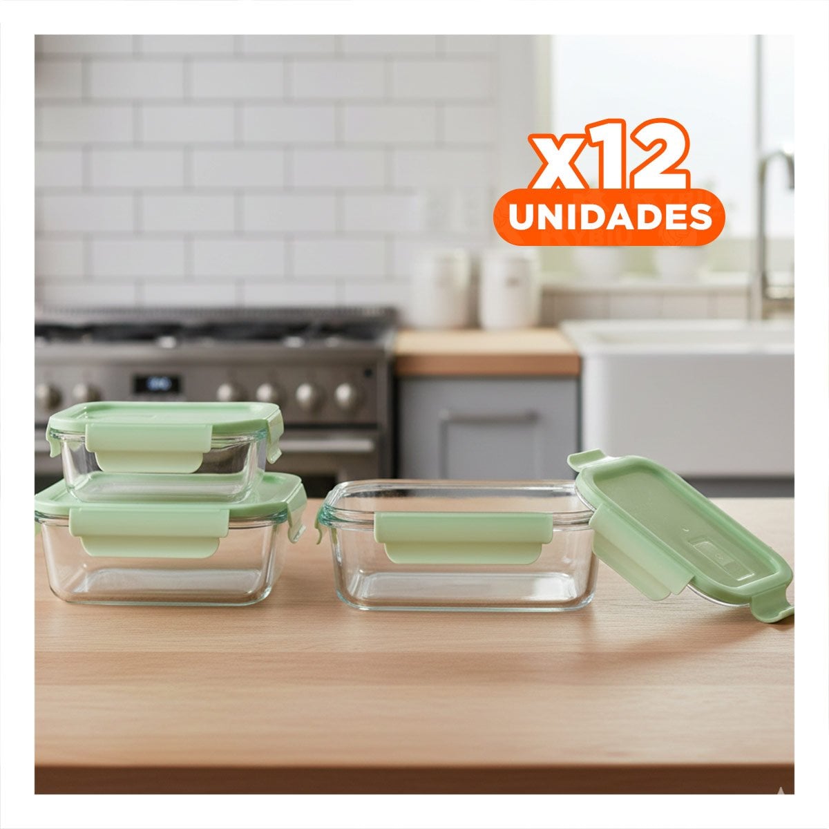 PACK12 PACK DE CONTENEDORES DE VIDRIO RECTANGULAR CON TAPA VERDE HOGAR - 1