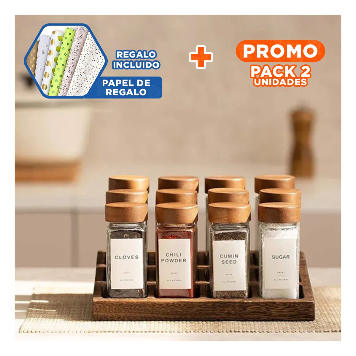 PACK2 CONDIMENTERO COMPACTO CON 12 FRASCOS PARA ESPACIOS DE COCINA Y+PAPEL REGALO - 1