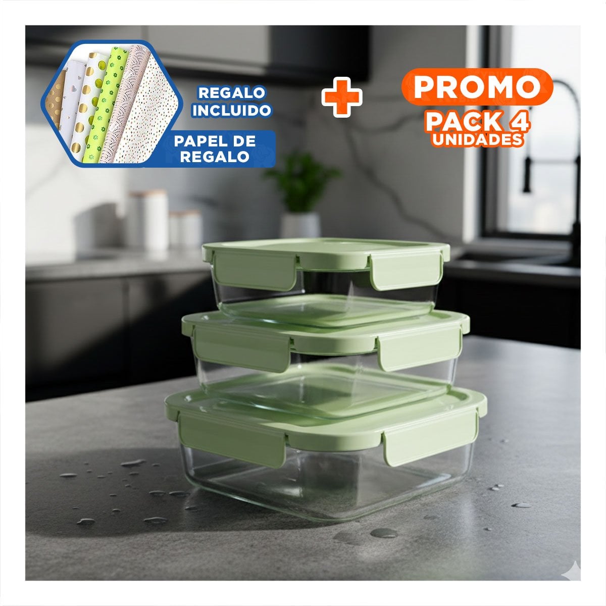 PACK4 PACK DE ENVASES DE VIDRIO RECTANGULAR CON TAPA VERDE PARA HOGAR Y+PAPEL REGALO - 1