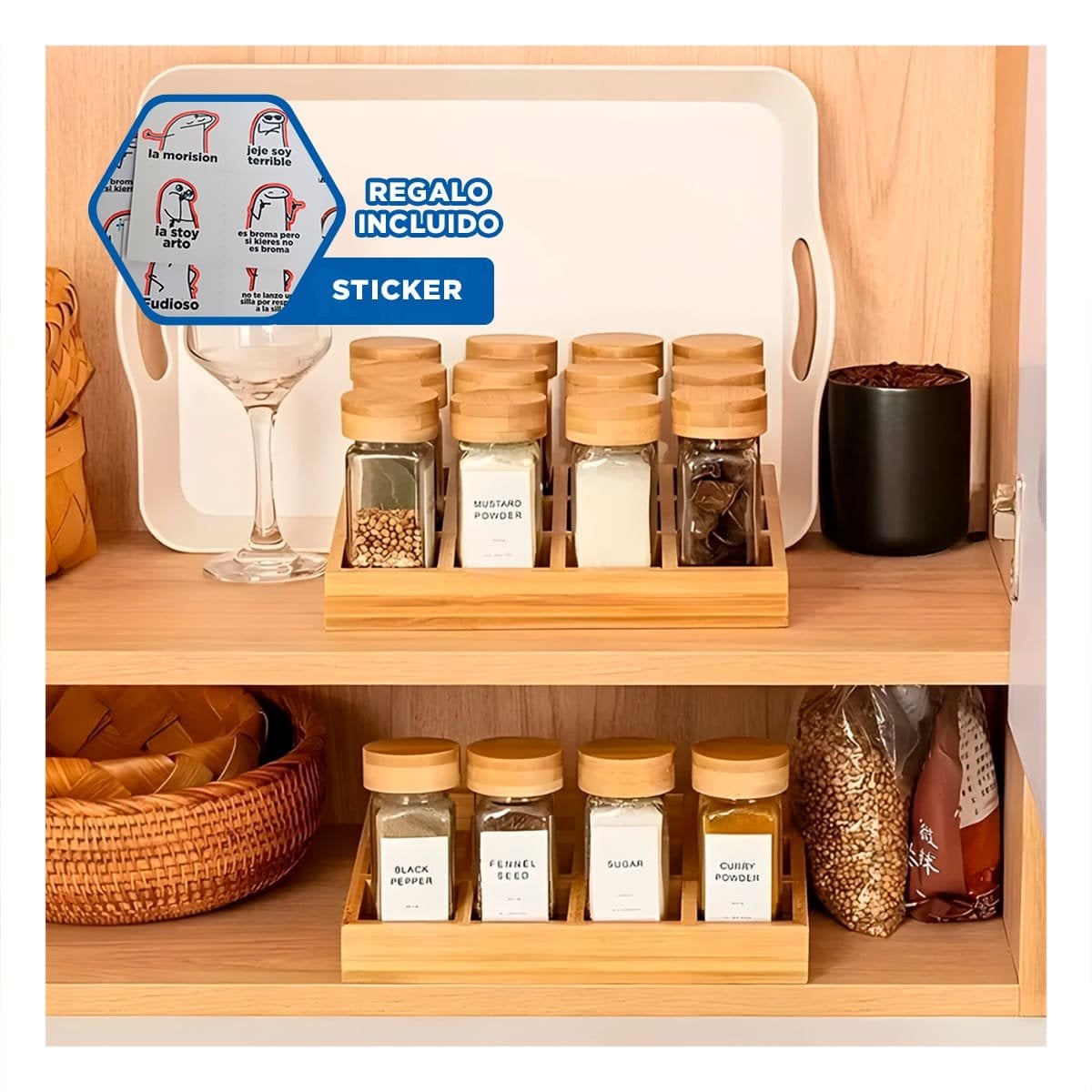 ORGANIZADOR DE COCINA CON 12 FRASCOS PARA ESPECIAS Y CONDIMENTOS Y+REGALO STICKER - 1