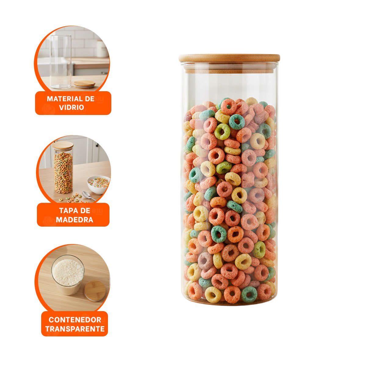 ENVASE DE VIDRIO 700ML TRANSPARENTE CON TAPA MADERA PARA COCINA - 3