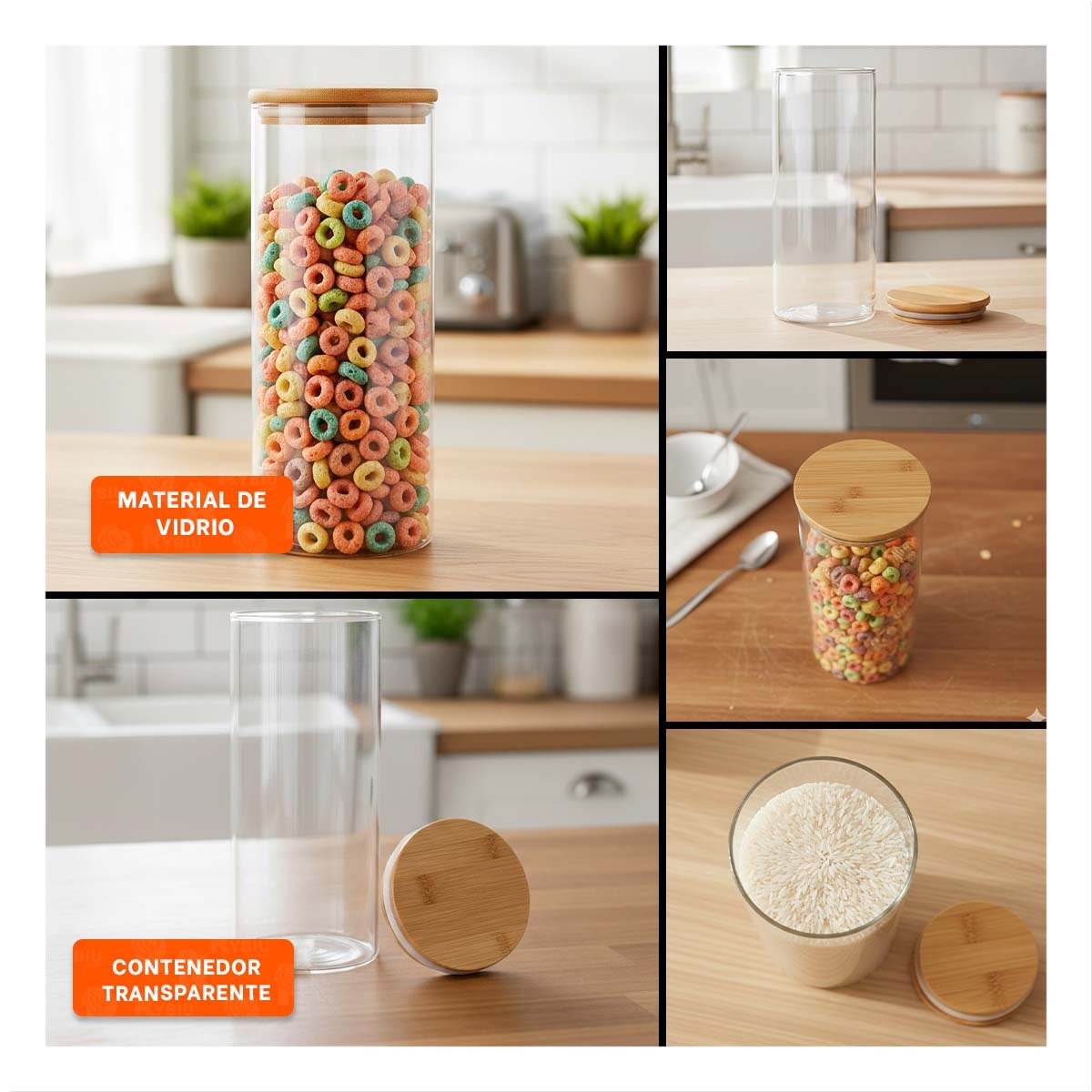 ENVASE DE VIDRIO 700ML TRANSPARENTE CON TAPA MADERA PARA COCINA - 5