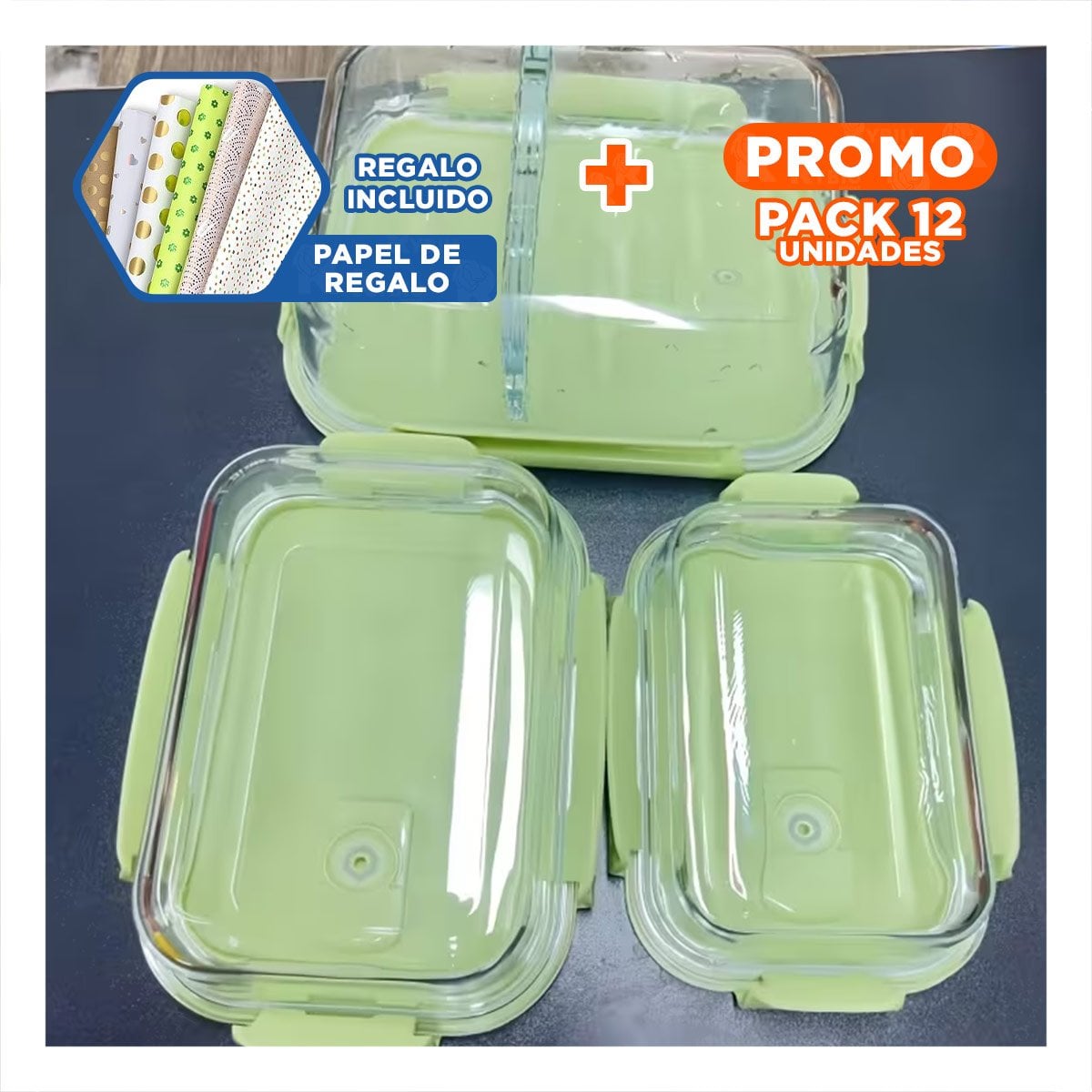 PACK2 KIT DE RECIPIENTES DE VIDRIO RECTANGULAR CON TAPA VERDE PARA CASA - 1
