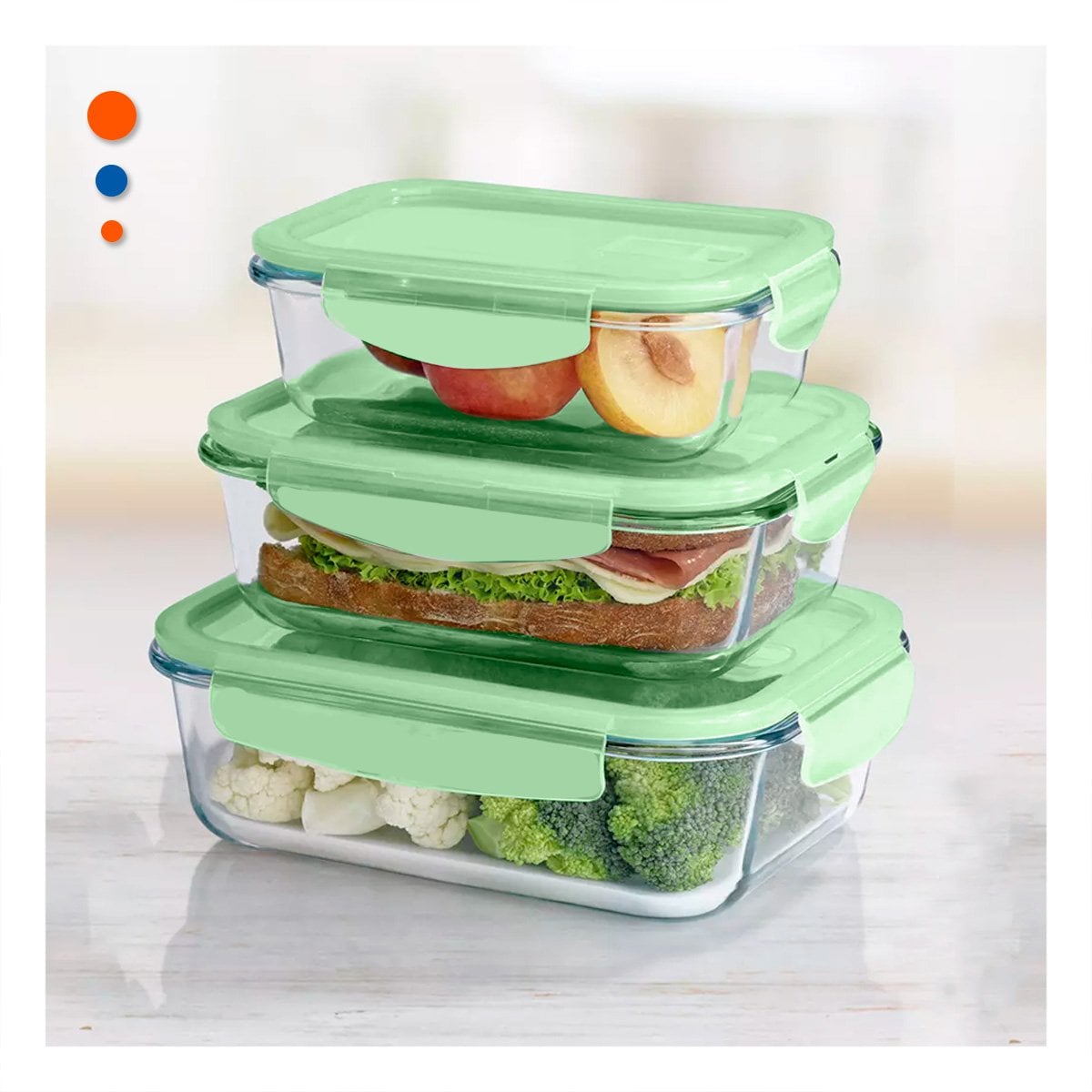 PACK6 SET DE CONTENEDORES DE VIDRIO RECTANGULAR CON TAPA VERDE COCINA Y+REGALO STICKER - 2
