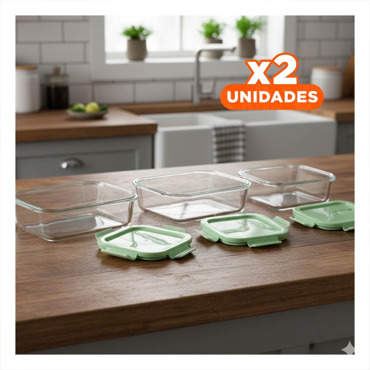 PACK12 KIT DE CONTENEDORES DE VIDRIO RECTANGULAR CON TAPA VERDE COCINA Y+PAPEL REGALO - 1