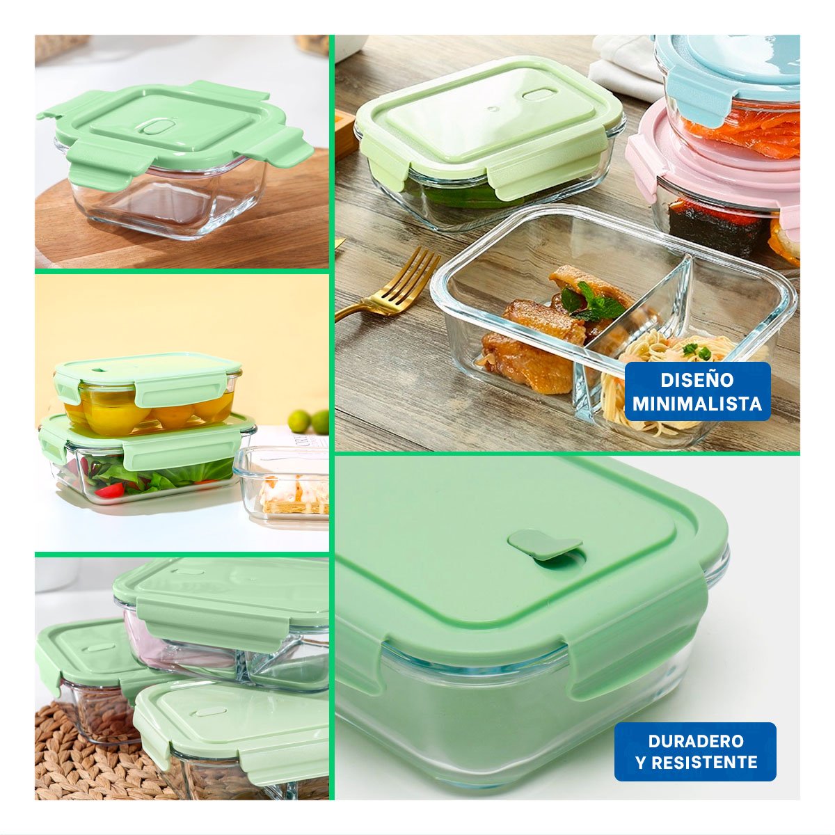 PACK12 KIT DE CONTENEDORES DE VIDRIO RECTANGULAR CON TAPA VERDE COCINA Y+PAPEL REGALO - 2