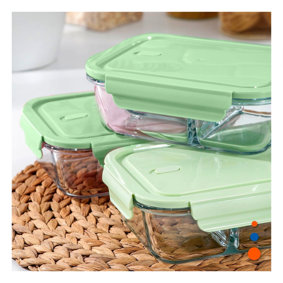 PACK12 KIT DE CONTENEDORES DE VIDRIO RECTANGULAR CON TAPA VERDE COCINA Y+PAPEL REGALO - 5