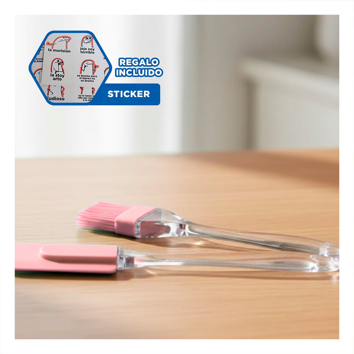 VERSION ESPATULA Y BROCHA DE SILICONA ROSADO PARA COCINA FUNCIONAL Y+REGALO STICKER - 1