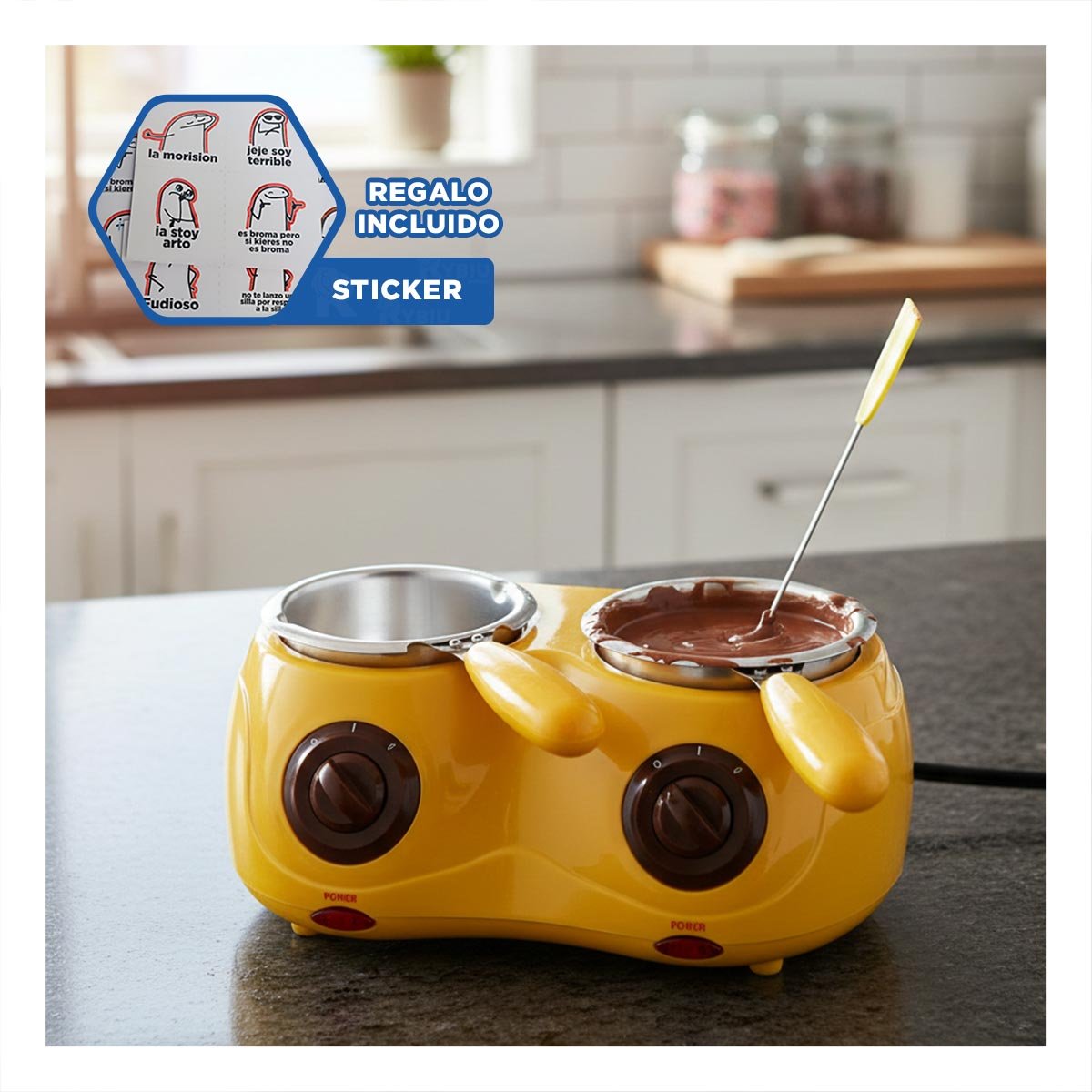 MARMITA DE COCINA CHOCOLATERA DOBLE CON ACCESORIOS AMARILLO Y+REGALO STICKER - 1