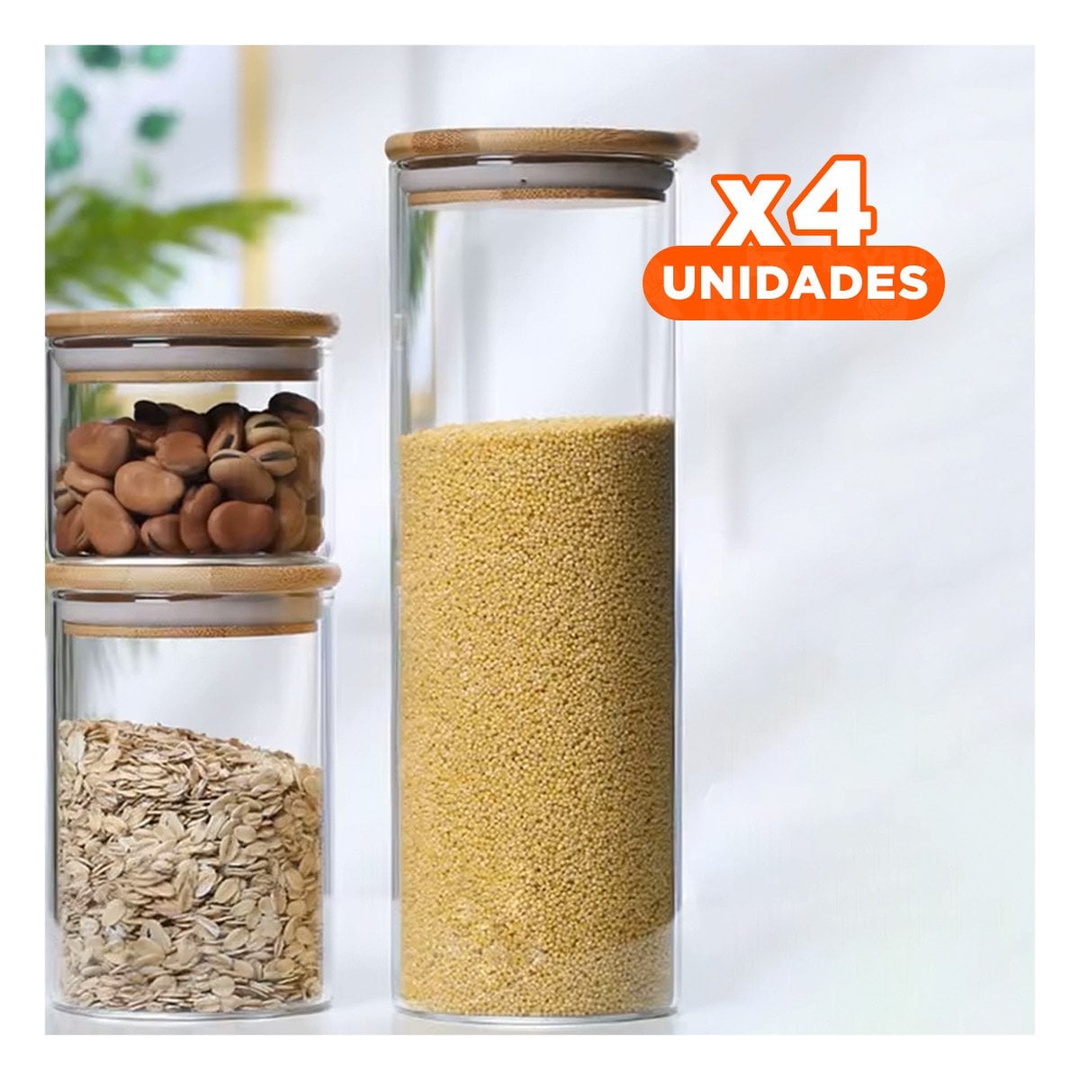 PACK4 CONTENEDOR DE VIDRIO REDONDO 700ML TRANSPARENTE CON TAPA MADERA COCINA - 1