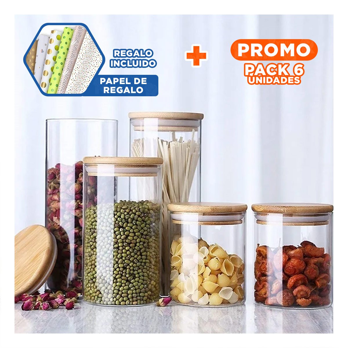 PACK6 ENVASE DE VIDRIO TRANSPARENTE 700ML CON TAPA MADERA COCINA Y+PAPEL REGALO - 1