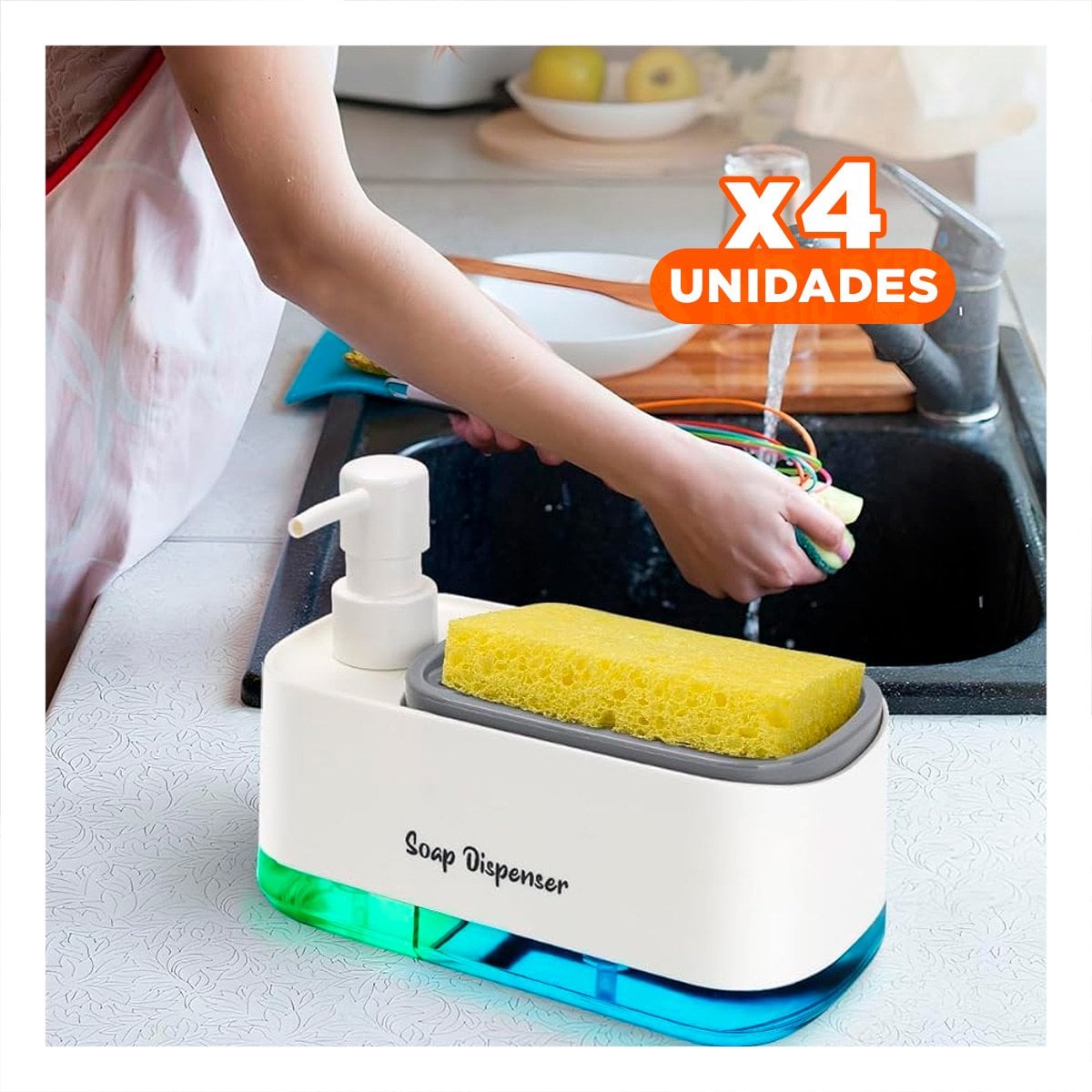 PACK4 HERRAMIENTA DOBLE DE JABON LIQUIDO LAVAVAJILLA PARA COCINA HOGAR BLANCO - 1