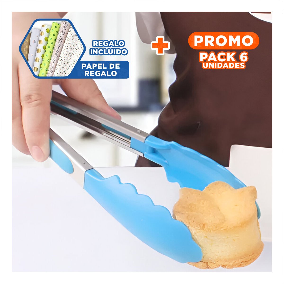 PACK6 TENAZA DE COCINA 21CM CELESTE PARA PREPARAR Y SERVIR COMIDAS Y+PAPEL REGALO - 1