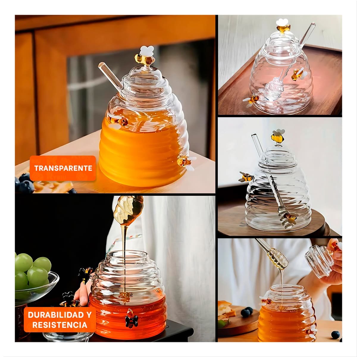 FRASCO PARA MIEL CON ESTILO DE PANAL Y ABEJAS DECORATIVO PARA HOGAR Y COCINA - 5
