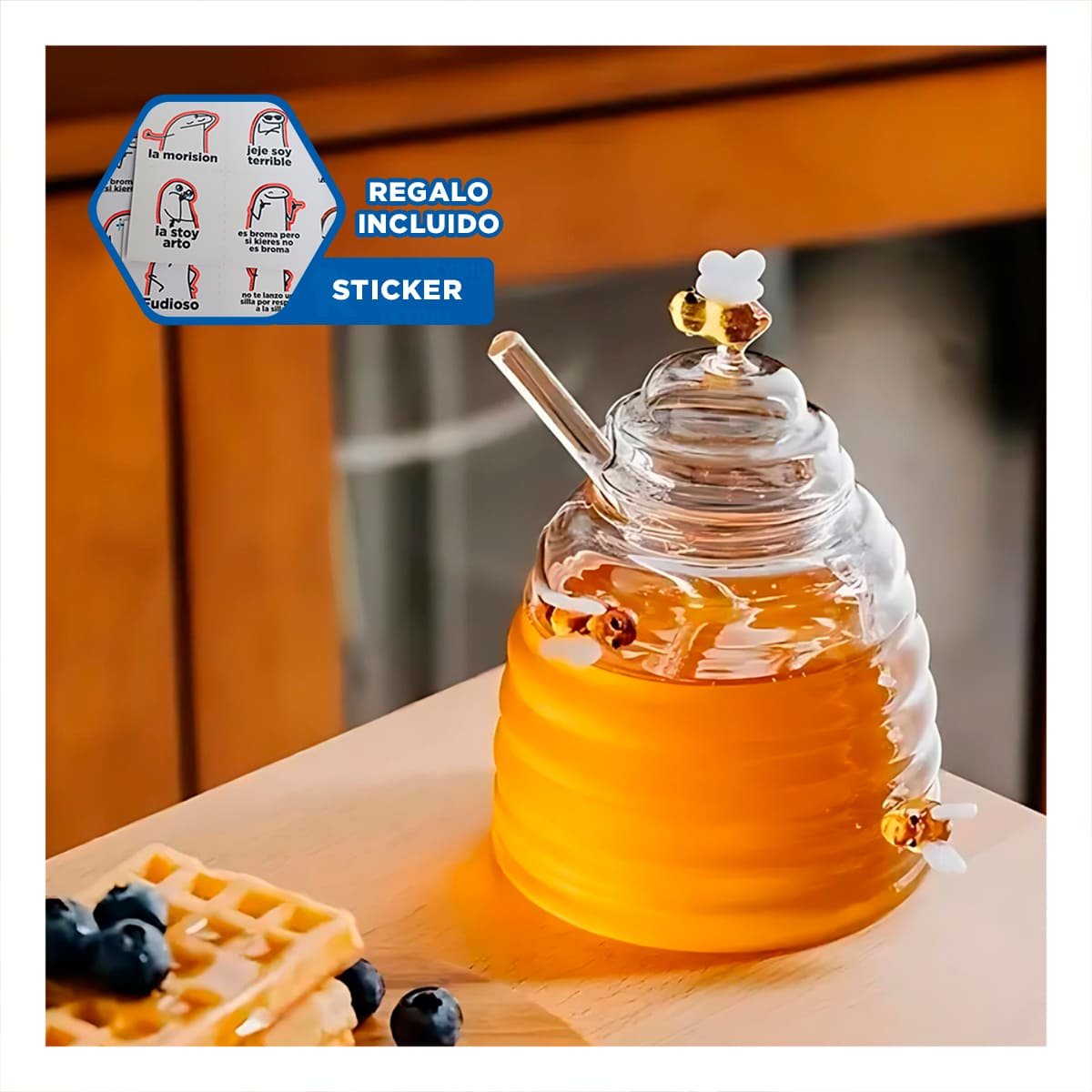 ENVASE PARA MIEL CON FIGURA DE PANAL Y ABEJAS PARA MESA Y DESAYUNO Y+REGALO STICKER - 1
