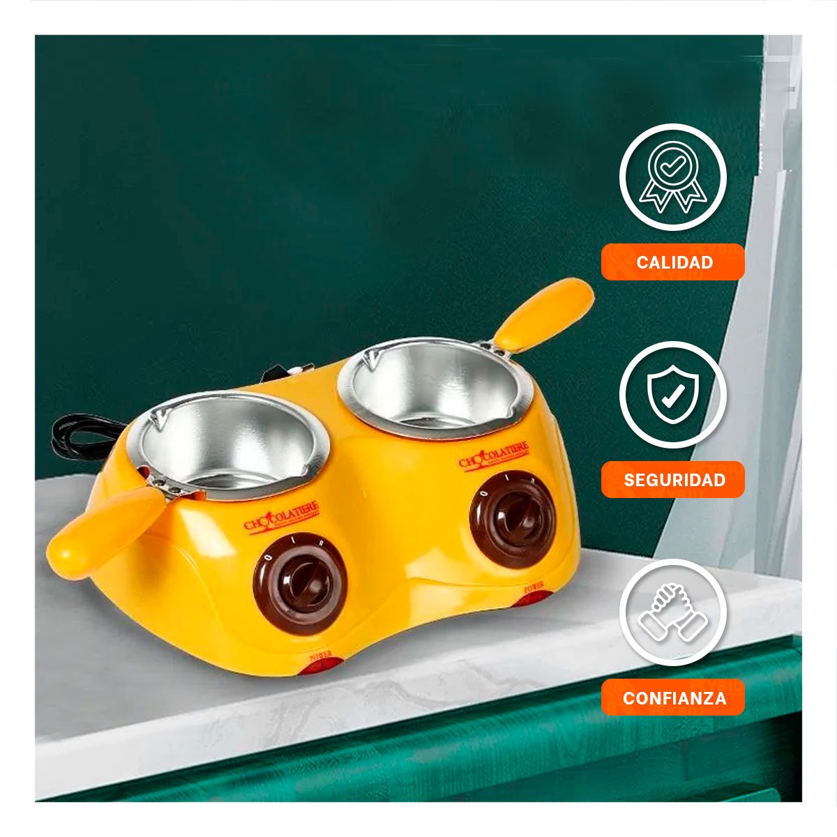 PACK2 RECIPIENTE DE COCINA CHOCOLATERO DOBLE CON ACCESORIOS AMARILLO Y+REGALO STICKER - 5