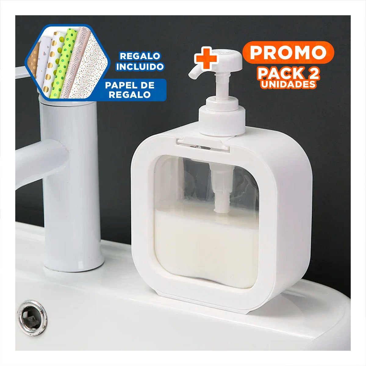 PACK2 ENVASE MANUAL PARA JABON CUADRADO BLANCO MODERNO Y+PAPEL REGALO - 1