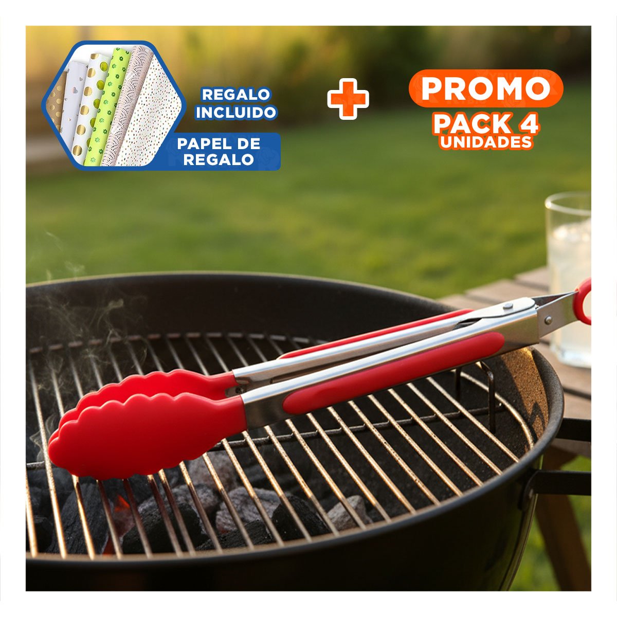 PACK4 TENAZA FUNCIONAL 21CM EN ROJO PARA COCINA HOGAR Y PARRILLA Y+PAPEL REGALO - 1