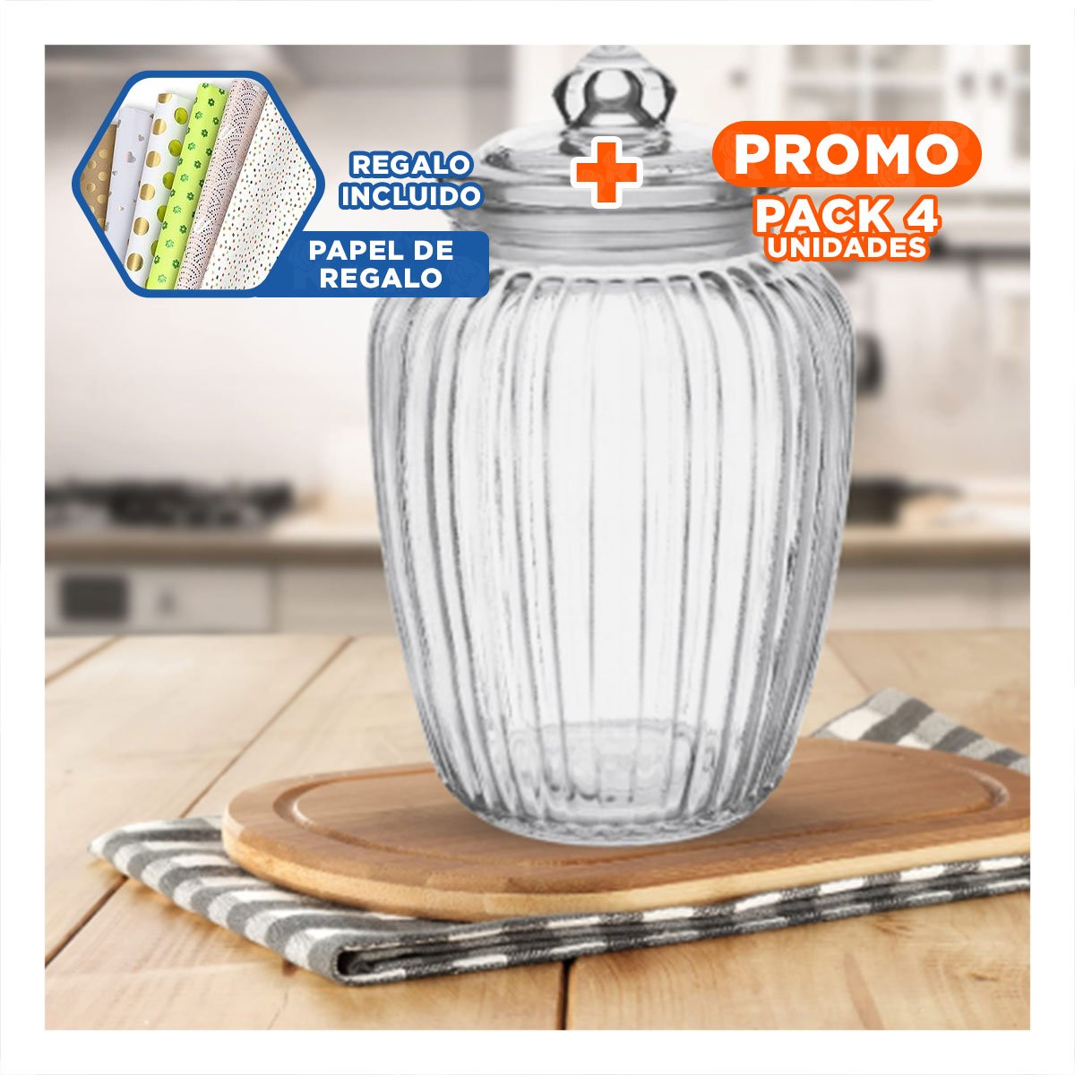 PACK4 CONTENEDOR TRANSPARENTE DE VIDRIO CON TAPA CHUPON 24X14 CM Y+PAPEL REGALO - 1